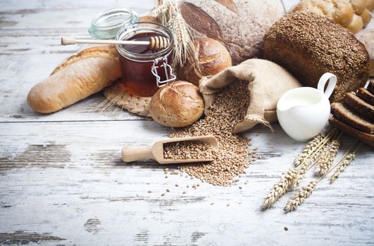 Breakfast items. Bakery Bread.Various Bread and Sheaf of Wheat Ears