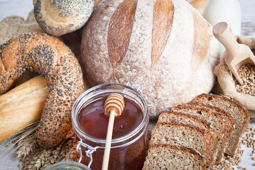 Breakfast items. Bakery Bread.Various Bread and Sheaf of Wheat Ears