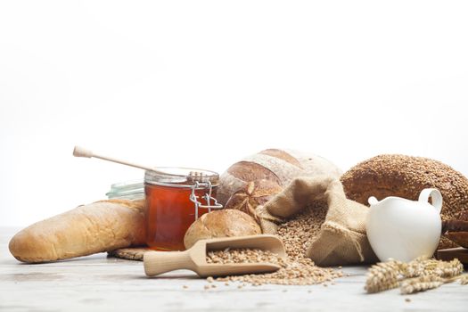 Breakfast items. Bakery Bread.Various Bread and Sheaf of Wheat Ears