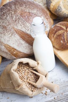 Breakfast items. Bakery Bread.Various Bread and Sheaf of Wheat Ears