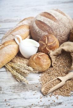 Breakfast items. Bakery Bread.Various Bread and Sheaf of Wheat Ears