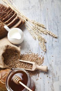 Breakfast items. Bakery Bread.Various Bread and Sheaf of Wheat Ears