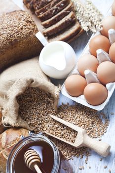 Breakfast items. Bakery Bread.Various Bread and Sheaf of Wheat Ears