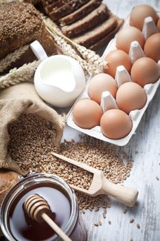 Breakfast items. Bakery Bread.Various Bread and Sheaf of Wheat Ears