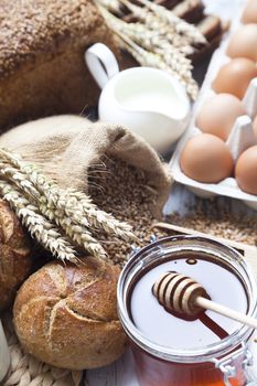 Breakfast items. Bakery Bread.Various Bread and Sheaf of Wheat Ears