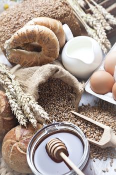 Breakfast items. Bakery Bread.Various Bread and Sheaf of Wheat Ears