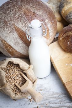 Breakfast items. Bakery Bread.Various Bread and Sheaf of Wheat Ears