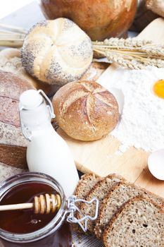 Breakfast items. Bakery Bread.Various Bread and Sheaf of Wheat Ears