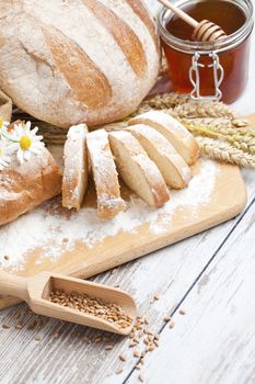 Breakfast items. Bakery Bread.Various Bread and Sheaf of Wheat Ears