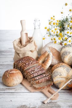 Breakfast items. Bakery Bread.Various Bread and Sheaf of Wheat Ears