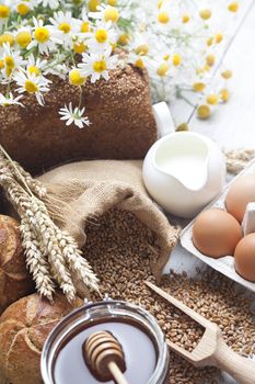 Breakfast items. Bakery Bread.Various Bread and Sheaf of Wheat Ears