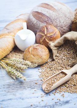 Breakfast items. Bakery Bread.Various Bread and Sheaf of Wheat Ears