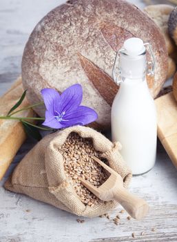 Breakfast items. Bakery Bread.Various Bread and Sheaf of Wheat Ears