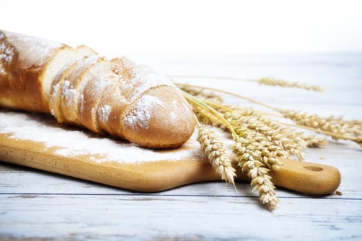 Freshly baked bread rolls, wheat ears and honey