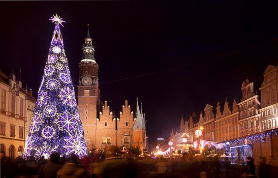 Christmas market in Wroclaw, Poland at evening.Wroclaw is European city of culture in 2016.