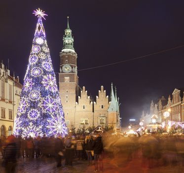 Christmas market in Wroclaw, Poland at evening.Wroclaw is European city of culture in 2016.