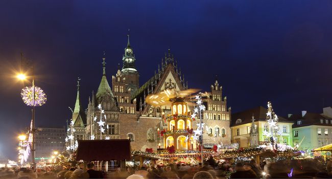 Christmas market in Wroclaw, Poland at evening.Wroclaw is European city of culture in 2016.