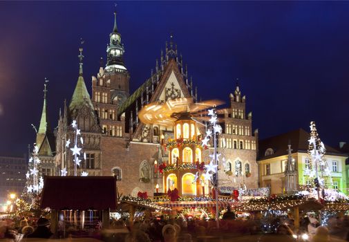 Christmas market in Wroclaw, Poland at evening.Wroclaw is European city of culture in 2016.