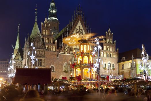 Christmas market in Wroclaw, Poland at evening.Wroclaw is European city of culture in 2016.