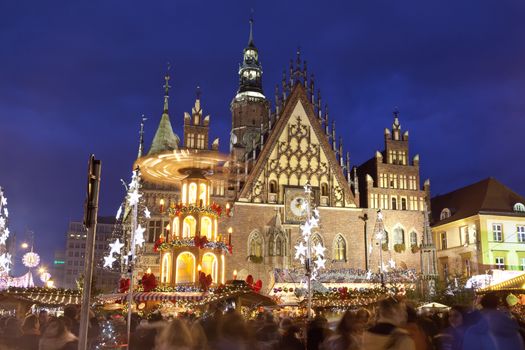 Christmas market in Wroclaw, Poland at evening.Wroclaw is European city of culture in 2016.