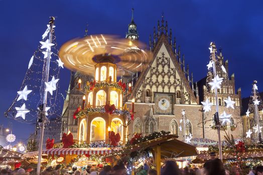 Christmas market in Wroclaw, Poland at evening.Wroclaw is European city of culture in 2016.