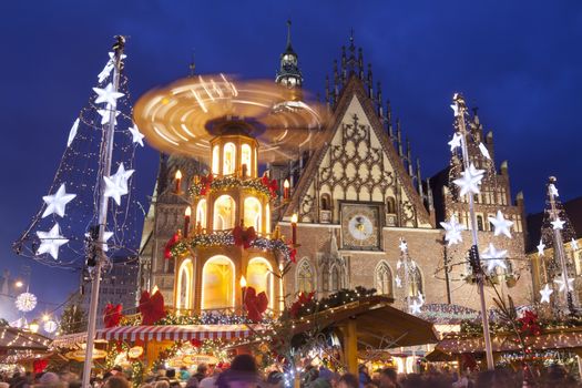 Christmas market in Wroclaw, Poland at evening.Wroclaw is European city of culture in 2016.