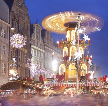 Christmas market in Wroclaw, Poland at evening.Wroclaw is European city of culture in 2016.