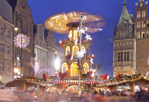 Christmas market in Wroclaw, Poland at evening.Wroclaw is European city of culture in 2016.