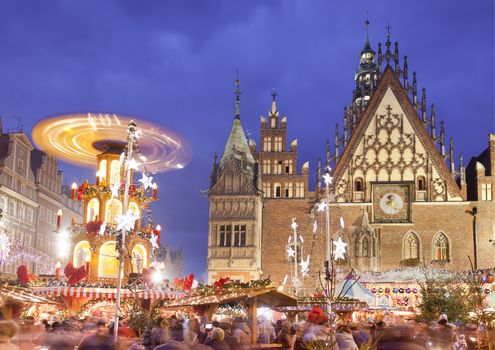 Christmas market in Wroclaw, Poland at evening.Wroclaw is European city of culture in 2016.