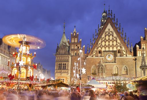 Christmas market in Wroclaw, Poland at evening.Wroclaw is European city of culture in 2016.