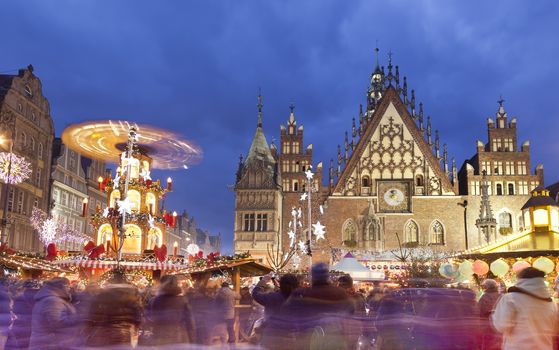 Christmas market in Wroclaw, Poland at evening.Wroclaw is European city of culture in 2016.