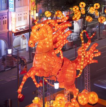 Horse lanterns displayed over South Bridge Road just before Chinese New Year Celebration for year of the Horse in Chinatown district of Singapore