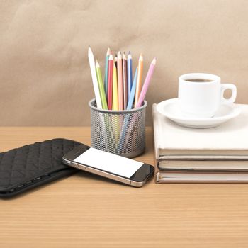 office desk : coffee with phone,stack of book,wallet,color box on wood background