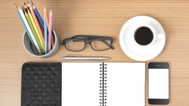 office desk : coffee with phone,notepad,eyeglasses,wallet,color pencil box on wood background