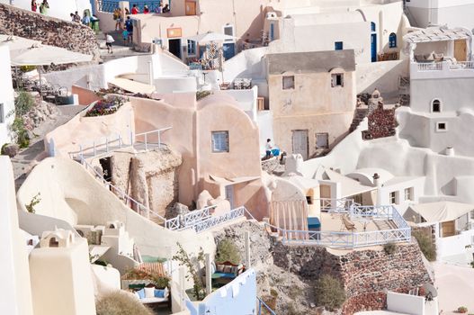 Panorama view of Santorini caldera. In the Santorini island there are small villages with white houses, narrow streets and amazing seaviews.