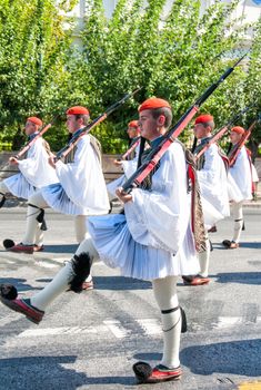 The Evzones is a special unit of the Hellenic Army who guard the Monument of the Unknown Soldier.