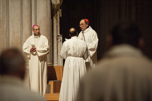 FRANCE, Lyon: Roman Catholic Cardinal, Archbishop of Lyon, Philippe Barbarin (1stR) takes part in a Good Friday mass on March 25, 2016 in Saint-Jean cathedral in Lyon, central eastern France. Barbarin, accused of covering up the sexual abuse of children by priests apologised to victims during a mass on March 23, according to the website of his diocese. Barbarin, quoting Pope Francis, said on March 23 he was obliged to assume all the evil committed by some priests and personally apologise for the damage they have caused by sexually abusing children.