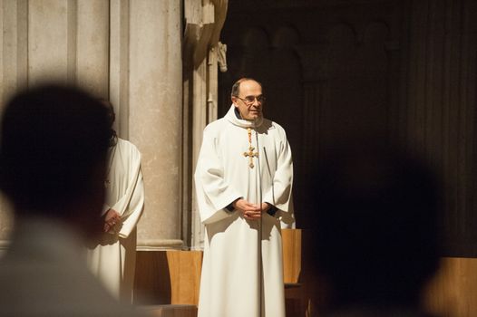 FRANCE, Lyon: Roman Catholic Cardinal, Archbishop of Lyon, Philippe Barbarin takes part in a Good Friday mass on March 25, 2016 in Saint-Jean cathedral in Lyon, central eastern France. Barbarin, accused of covering up the sexual abuse of children by priests apologised to victims during a mass on March 23, according to the website of his diocese. Barbarin, quoting Pope Francis, said on March 23 he was obliged to assume all the evil committed by some priests and personally apologise for the damage they have caused by sexually abusing children.
