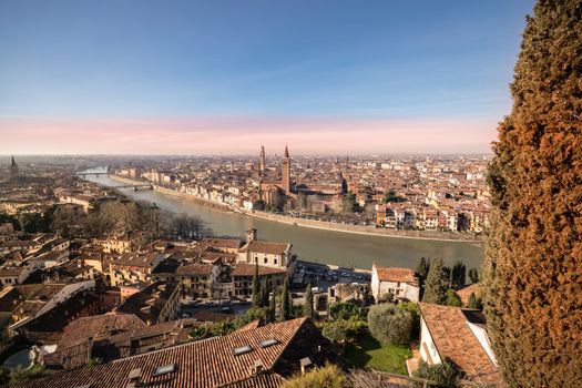 Panorama of Verona (Italy). The city of Romeo and Juliet view from the square of Castel San Pietro.