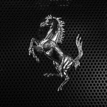 Verona, Italy - May 09,2015: The famous Ferrari "prancing horse" symbol in silver version.