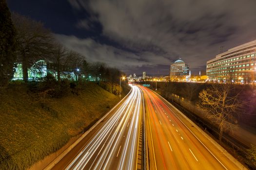 Freeway light trails of rush hour traffic in Portland Oregon during evening