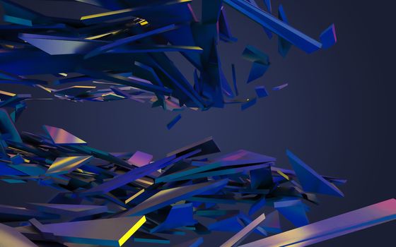 Abstract 3d rendering of chaotic structure. Dark background with futuristic shape in empty space.