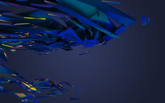 Abstract 3d rendering of chaotic structure. Dark background with futuristic shape in empty space.