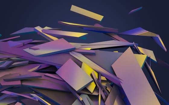 Abstract 3d rendering of chaotic structure. Dark background with futuristic shape in empty space.