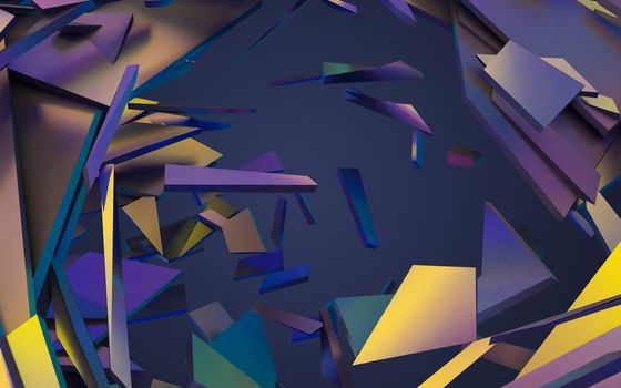 Abstract 3d rendering of chaotic structure. Dark background with futuristic shape in empty space.