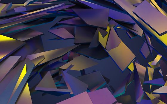 Abstract 3d rendering of chaotic structure. Dark background with futuristic shape in empty space.