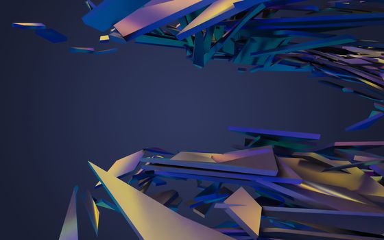 Abstract 3d rendering of chaotic structure. Dark background with futuristic shape in empty space.