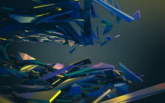 Abstract 3d rendering of chaotic structure. Dark background with futuristic shape in empty space.