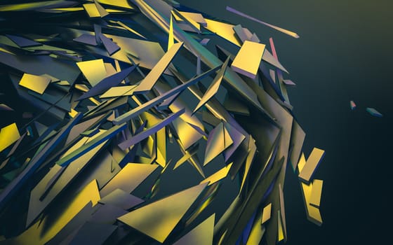 Abstract 3d rendering of chaotic structure. Dark background with futuristic shape in empty space.