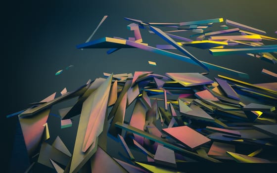 Abstract 3d rendering of chaotic structure. Dark background with futuristic shape in empty space.